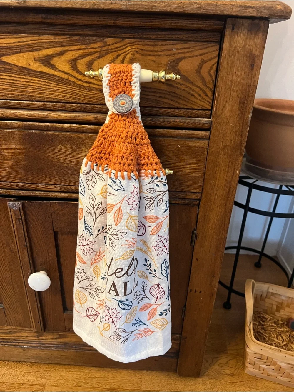 Hand Crafted Hello Fall Kitchen Hanging Towel with Orange Crochet Top